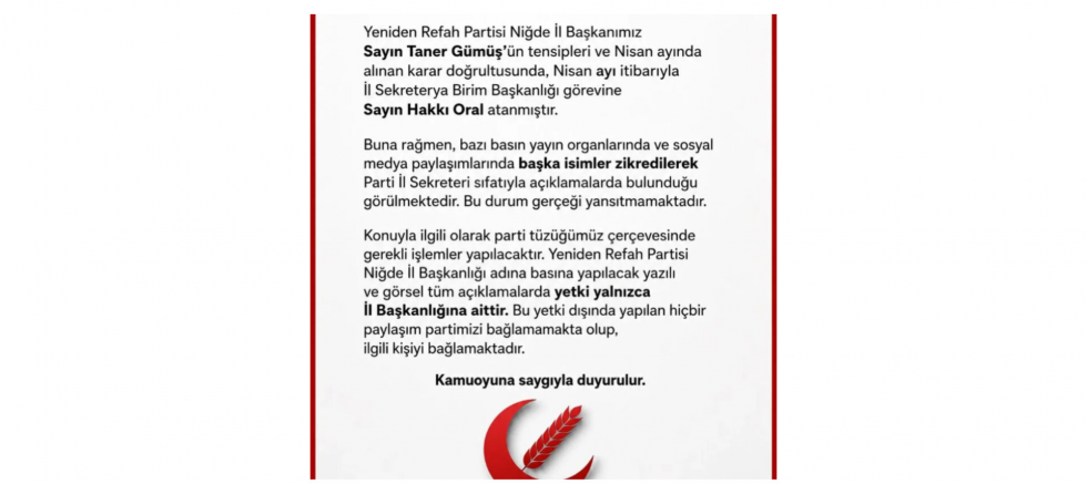 Taner Gümüş: Niğde İl Başkanlığı Adına A..